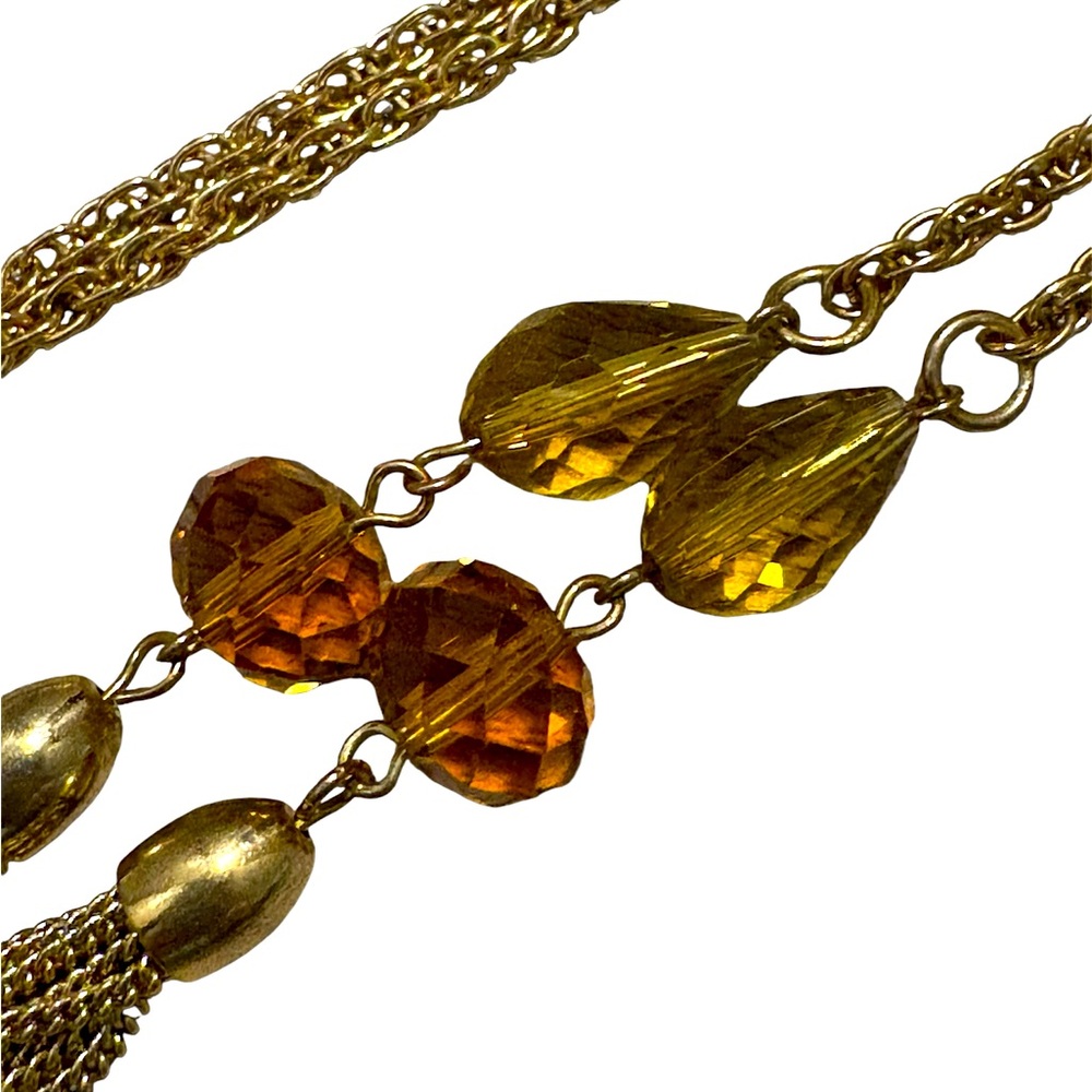 Talbots Gold Tone & Amber Crystal Bead Lariat Tassle Necklace and Earrings